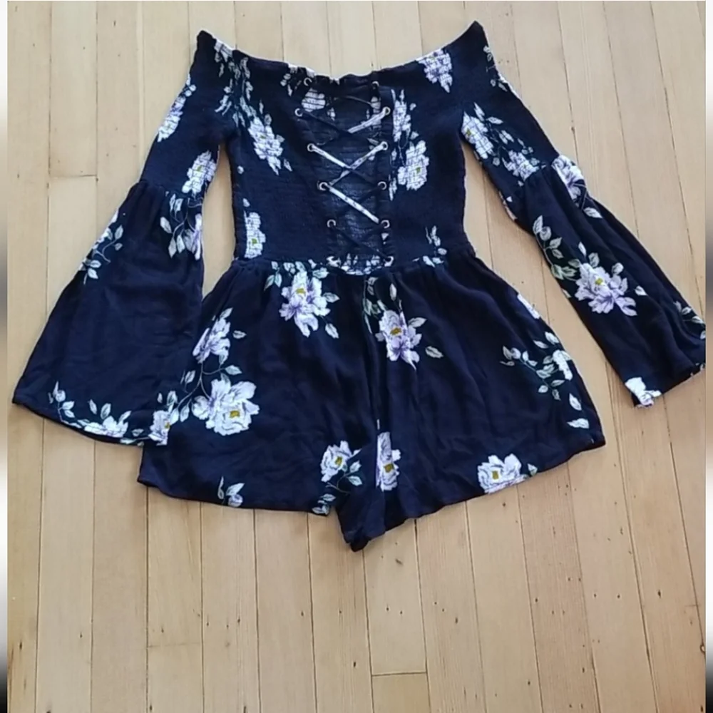 ◾️BLACK ◾️Kendall and Kylie Smocked, Floral,Off Shoulder, Bell Sleeve Romper - Picture 4 of 4